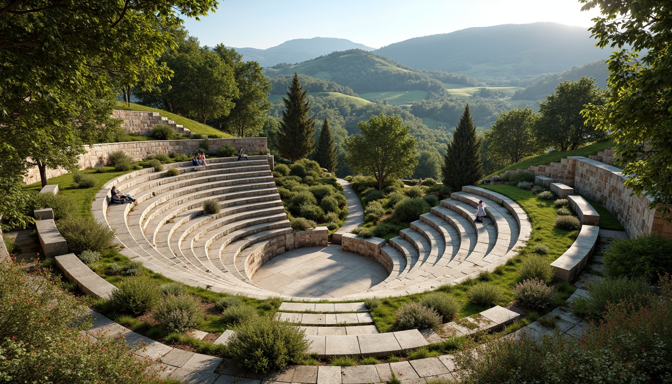 Prompt: Natural amphitheater setting, rolling hills, lush greenery, meandering pathways, scenic overlooks, tiered seating areas, curved retaining walls, native plant species, rustic stone accents, wooden benches, panoramic views, warm sunny day, soft diffused lighting, shallow depth of field, 3/4 composition, realistic textures, ambient occlusion.