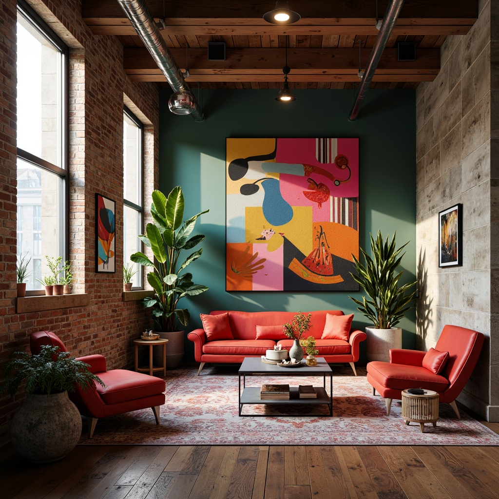 Prompt: Vibrant artistic studio, eclectic furniture, bold color blocking, contrasting textures, abstract artwork, statement lighting fixtures, industrial metal accents, reclaimed wood floors, bohemian-inspired rugs, natural stone walls, oversized windows, soft warm glow, shallow depth of field, 1/1 composition, realistic renderings, ambient occlusion.