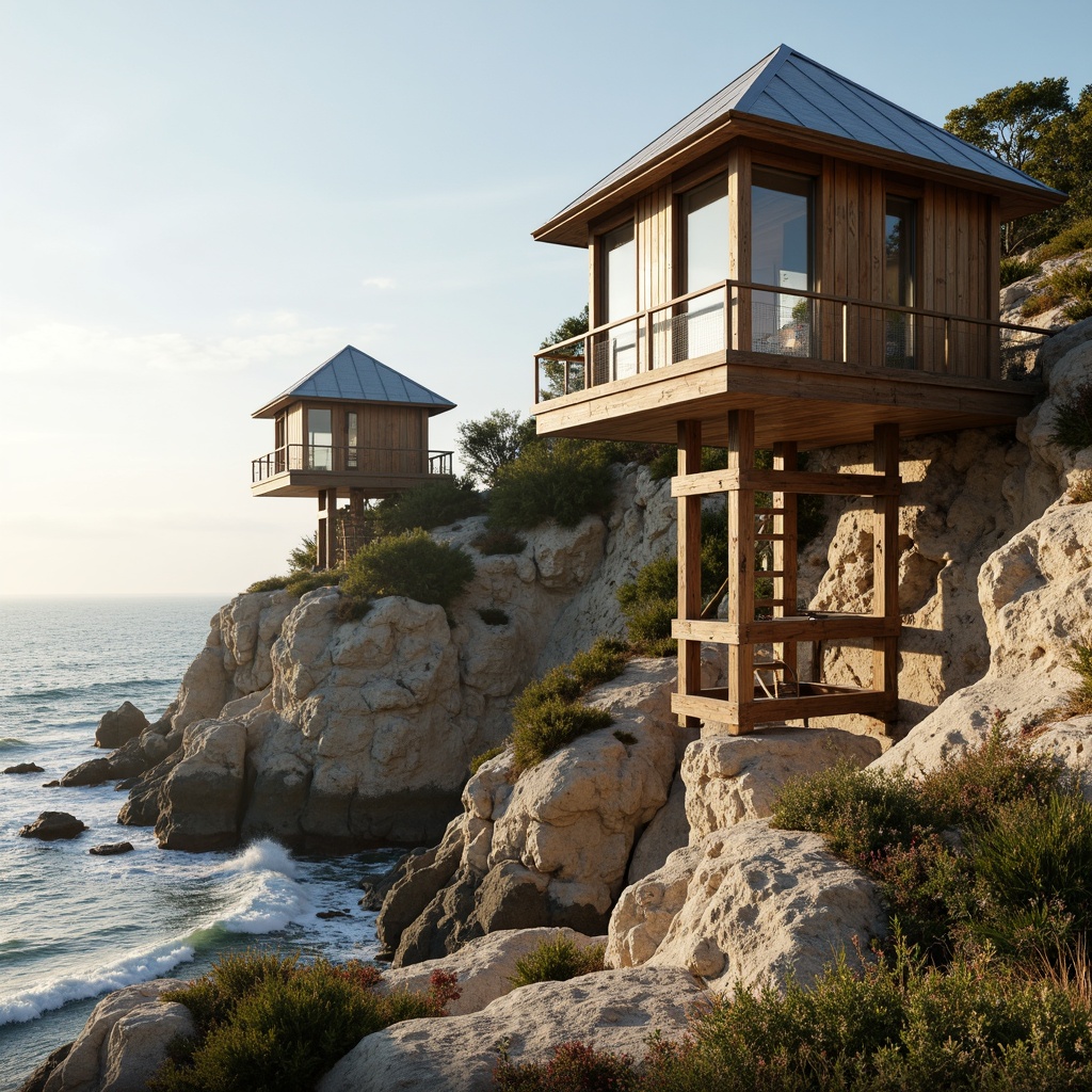 Prompt: Rustic coastal watching towers, weathered wooden planks, driftwood accents, galvanized steel railings, nautical rope details, ocean-inspired color palette, sandy beige tones, sea-salt sprayed glass windows, distressed metal roofs, natural stone foundations, rugged cliffside settings, crashing waves, salty sea air, warm sunlight, soft focus, shallow depth of field, 1/2 composition, atmospheric perspective, realistic textures, ambient occlusion.