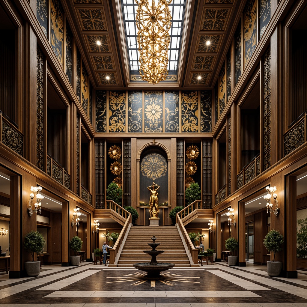 Prompt: Intricate geometric patterns, ornate metalwork, luxurious marble surfaces, grandiose statues, symmetrical compositions, opulent chandeliers, lavish mosaics, bold typography, stylized florals, zigzag motifs, chevron designs, metallic accents, glossy finishes, sunburst patterns, stepped silhouettes, monumental scale, dramatic lighting, low-angle view, cinematic composition, high-contrast colors, ornate fountains, grand staircases.