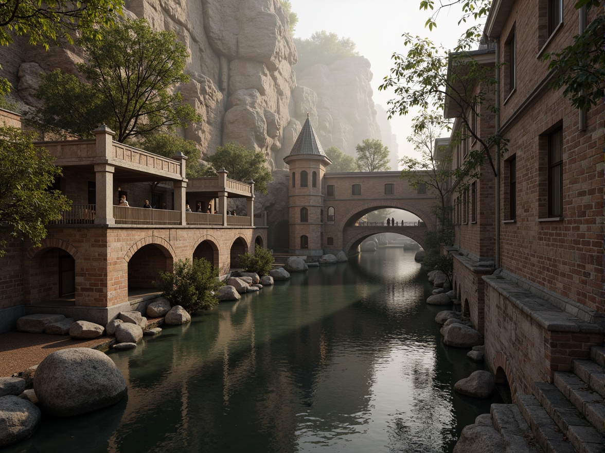 Prompt: Rustic stone bridges, arched structures, robust masonry, weathered brick facades, ornate stonework, ancient architectural influences, natural rock formations, serene water reflections, misty morning atmosphere, soft warm lighting, shallow depth of field, 3/4 composition, realistic textures, ambient occlusion.