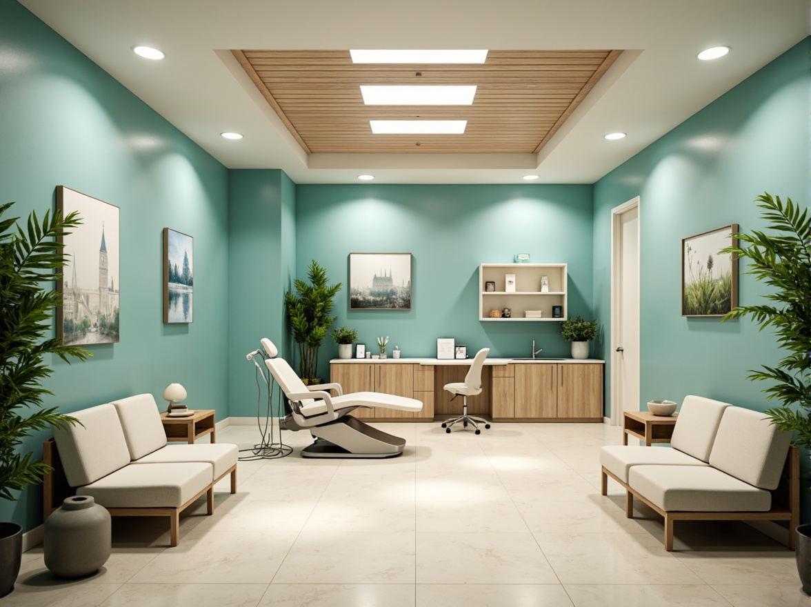 Prompt: Calming dental clinic, soothing blue-green color scheme, creamy whites, warm beige tones, natural wood accents, gentle curves, minimalist decor, modern medical equipment, sleek stainless steel surfaces, comfortable waiting area, lush green plants, soft overhead lighting, shallow depth of field, 1/1 composition, realistic textures, ambient occlusion.