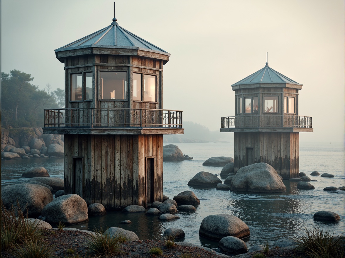 Prompt: Weathered wooden towers, rustic coastal look, driftwood accents, nautical rope details, ocean-inspired color palette, sea-salt weathering effects, durable metal railings, glass-enclosed observation decks, panoramic ocean views, misty morning atmosphere, soft warm lighting, shallow depth of field, 3/4 composition, realistic textures, ambient occlusion.