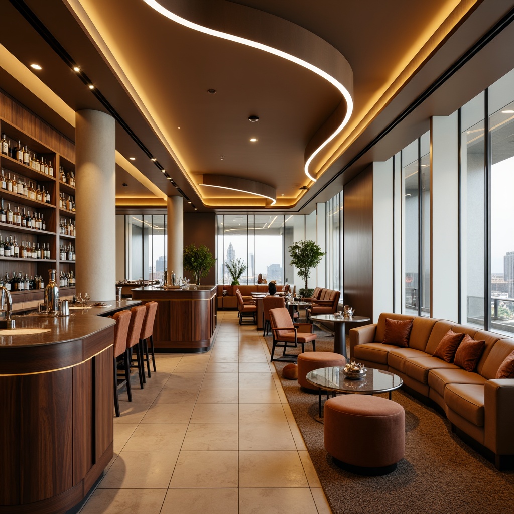 Prompt: Sleek bar interior, polished chrome accents, rich walnut wood, luxurious velvet upholstery, metallic silver lighting fixtures, frosted glass partitions, minimalist decor, modern streamline architecture, curved lines, geometric shapes, high-gloss finishes, ambient LED lighting, warm beige tones, sophisticated atmosphere, 1/1 composition, shallow depth of field, soft focus blur.