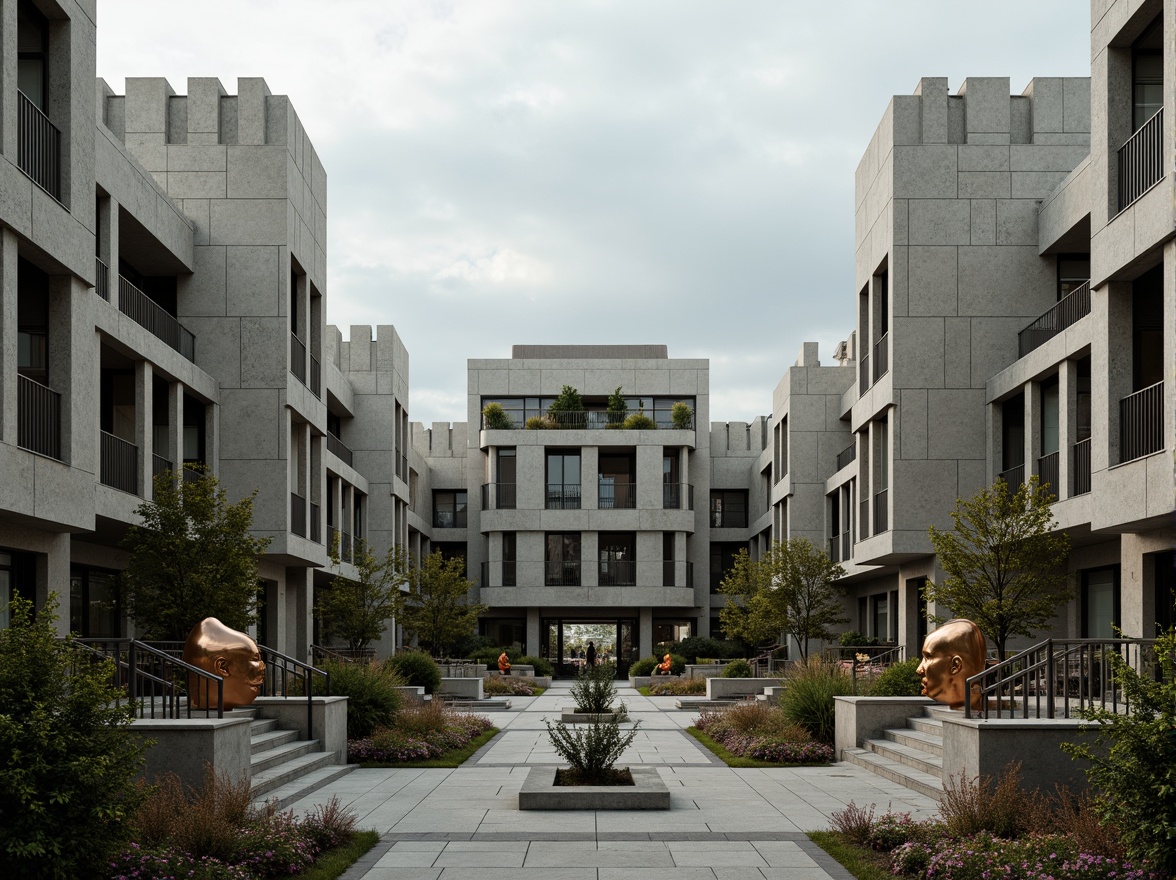 Prompt: Rugged university campus, brutalist architecture, raw concrete facades, fortress-like buildings, geometric shapes, industrial materials, metallic accents, bold color schemes, abstract sculptures, urban landscape, overcast sky, dramatic shadows, high-contrast lighting, 1/1 composition, symmetrical framing, realistic textures, ambient occlusion.