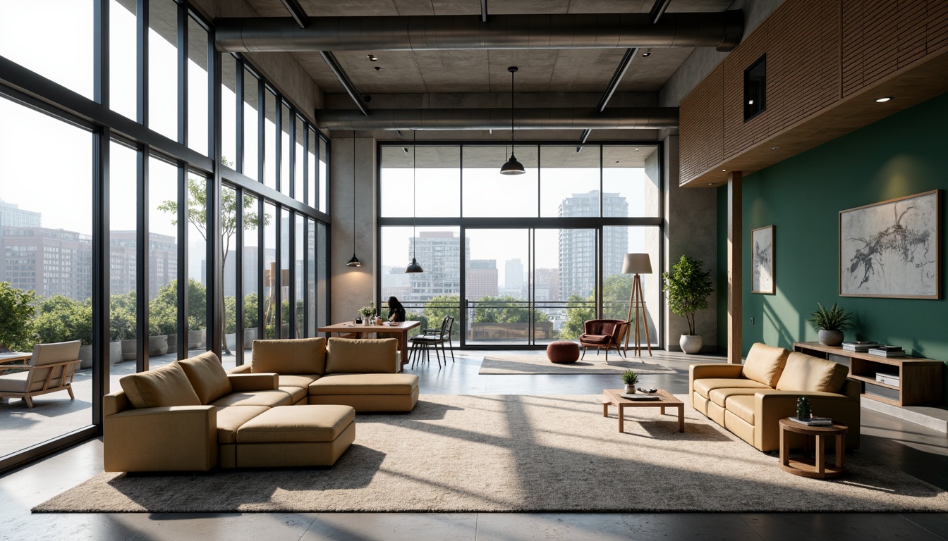 Prompt: Minimalist modern buildings, sleek glass facades, steel frames, open floor plans, natural light pouring in, airy atmosphere, comfortable seating areas, wooden accents, industrial chic decor, geometric patterns, monochromatic color schemes, textured rugs, pendant lighting fixtures, green walls, urban city views, 1/1 composition, softbox lighting, realistic reflections.