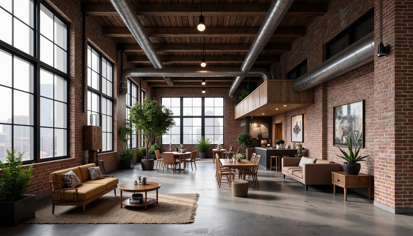 Prompt: Exposed brick walls, metal beams, reclaimed wood accents, industrial-style lighting fixtures, concrete floors, urban cityscape views, converted warehouse spaces, modern minimalist decor, functional pipes and ductwork, distressed textures, neutral color palette, high ceilings, open floor plans, eclectic vintage furniture, Edison bulb pendants, steel windows, brutalist architecture, dramatic shadows, low-key ambient lighting, 1/1 composition, realistic renderings.