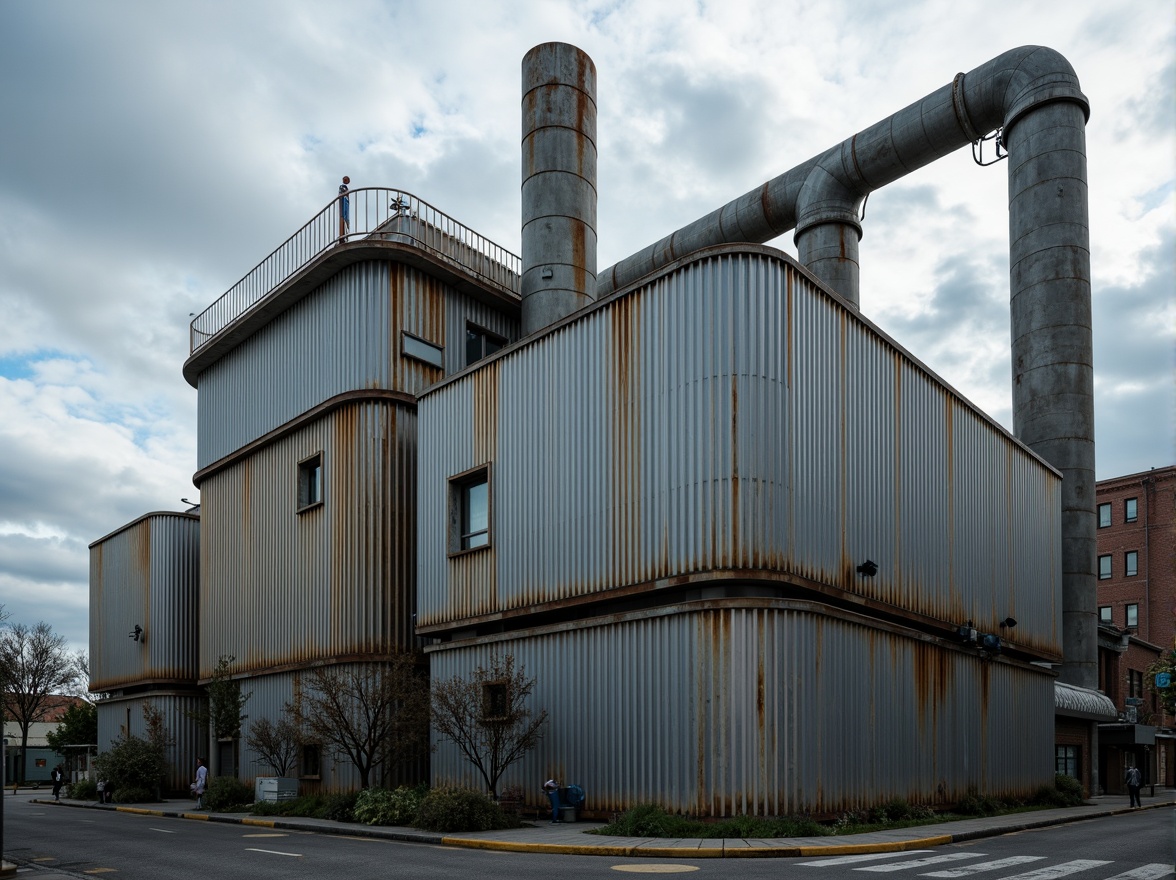 Prompt: Industrial energy plant, metallic fa\u00e7ade, corrugated steel panels, reinforced concrete structures, functional pipes, mechanical equipment, urban landscape, cloudy sky, dramatic lighting, high contrast, 1/2 composition, symmetrical framing, realistic reflections, ambient occlusion, rusted metal textures, worn concrete surfaces, industrial aesthetic, brutalist architecture, functional design, sustainable energy solutions.