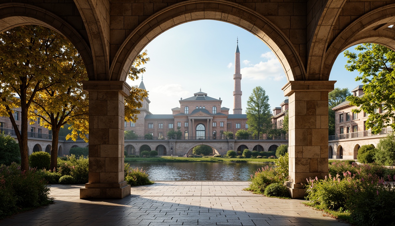 Prompt: Elegant archways, ornate stone carvings, rustic brick facades, grandiose bridge structures, serene water reflections, lush greenery, vibrant flowers, majestic river views, sunny day, soft warm lighting, shallow depth of field, 3/4 composition, panoramic view, realistic textures, ambient occlusion, Renaissance-inspired ornateness, classical columns, symmetrical architecture, decorative balustrades, intricate stonework, weathered copper details, ornate metal railings.