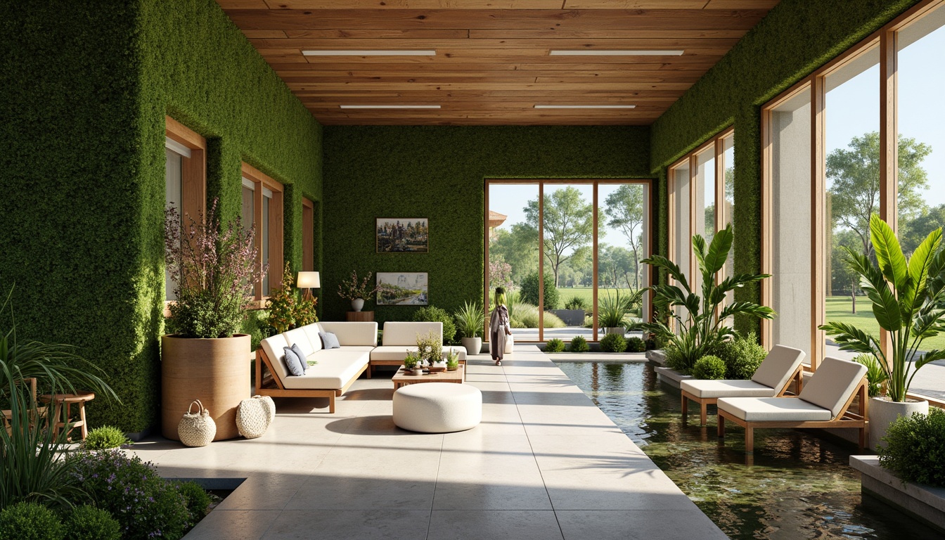 Prompt: Soothing dental clinic, lush green walls, natural stone flooring, wooden accents, calming water features, serene outdoor gardens, vibrant flower arrangements, modern minimalist furniture, large windows, abundant natural light, warm color scheme, cozy waiting areas, peaceful ambiance, shallow depth of field, 3/4 composition, realistic textures, ambient occlusion.