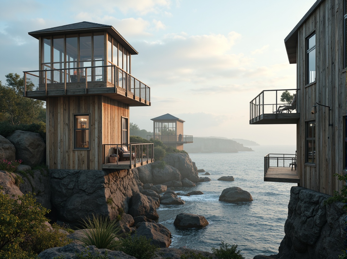 Prompt: Weathered wooden towers, rustic coastal look, driftwood accents, nautical rope details, ocean-inspired color palette, sea-salt weathering effects, durable metal railings, glass-enclosed observation decks, panoramic ocean views, misty morning atmosphere, soft warm lighting, shallow depth of field, 3/4 composition, realistic textures, ambient occlusion.