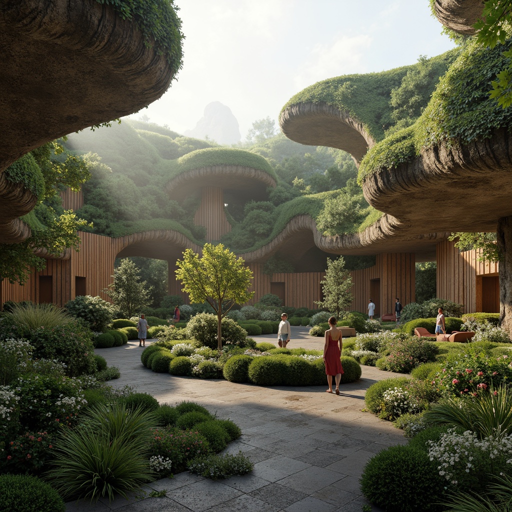 Prompt: Curved blob-like structures, organic forms, soft rounded edges, natural materials, earthy tones, moss-covered walls, wooden accents, irregular shapes, fluid lines, futuristic architecture, sustainable design, eco-friendly materials, green roofs, living walls, vibrant plant life, misty atmosphere, warm diffused lighting, shallow depth of field, 1/1 composition, realistic textures, ambient occlusion.