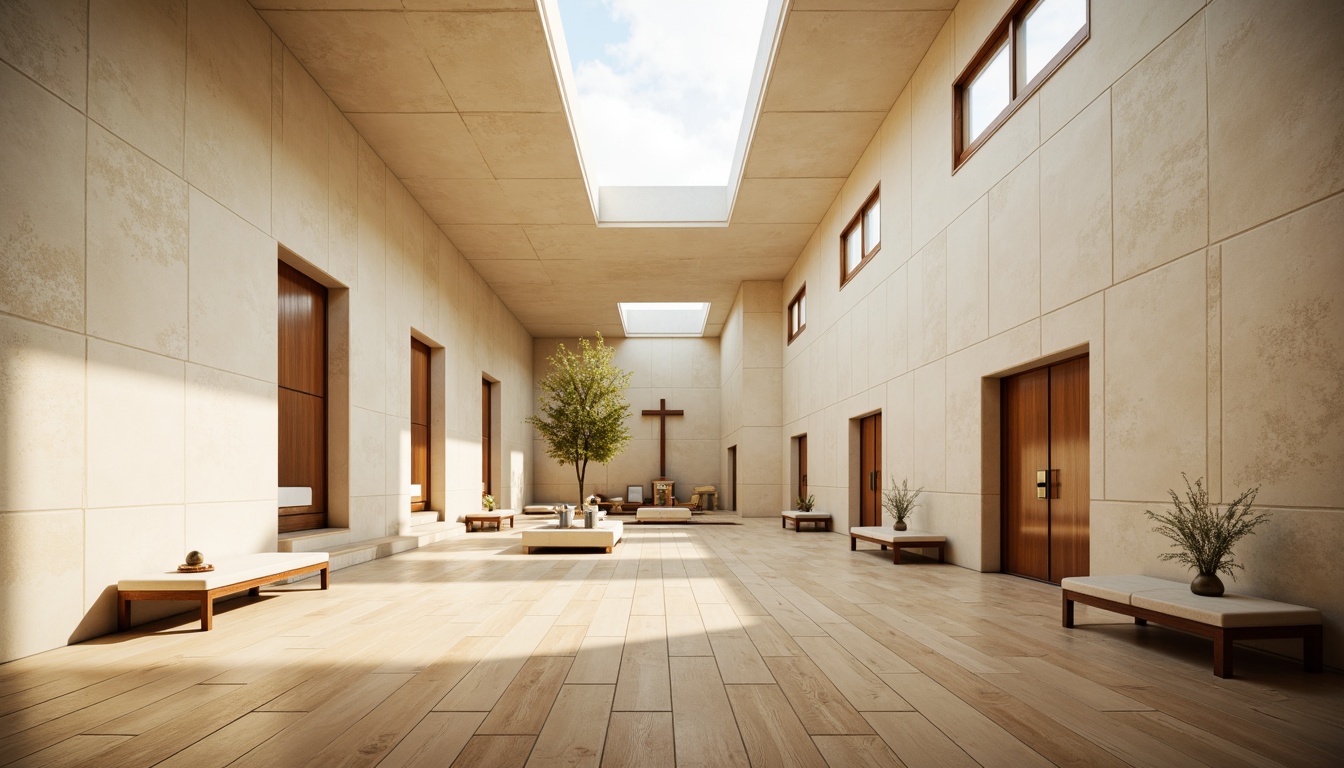 Prompt: Minimalist monastery interior, cream-colored stone walls, polished wooden floors, sleek modern furniture, sparse decorative elements, natural light pouring through clerestory windows, subtle spiritual symbols, calming atmosphere, soft warm lighting, shallow depth of field, 3/4 composition, panoramic view, realistic textures, ambient occlusion, serene ambiance, peaceful retreat, contemplative spaces, simple yet elegant design.