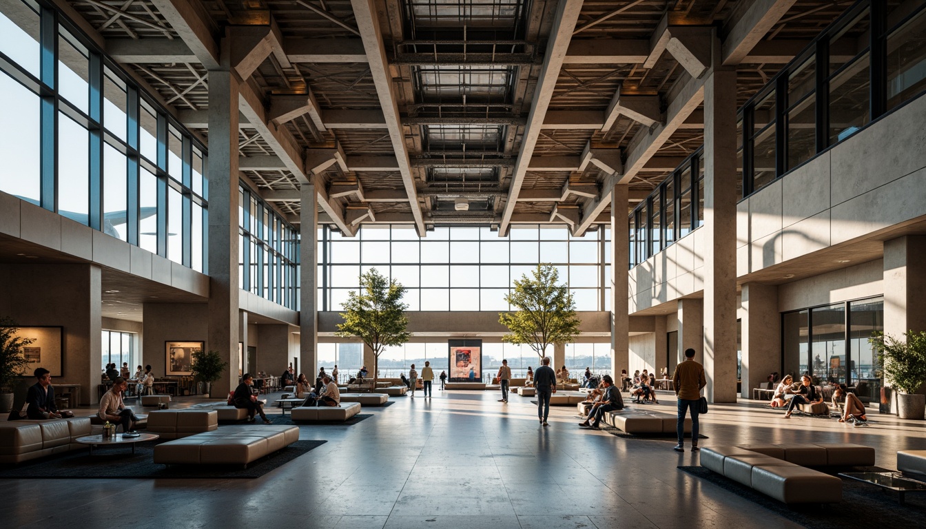 Prompt: Airport terminal, constructivist architecture, exposed steel beams, industrial chic, polished concrete floors, minimalist seating areas, sleek metal columns, geometric patterns, futuristic lighting fixtures, airy high ceilings, large glass windows, panoramic views, bustling atmosphere, dynamic crowd movement, warm color tones, ambient occlusion, shallow depth of field, 3/4 composition, realistic textures.