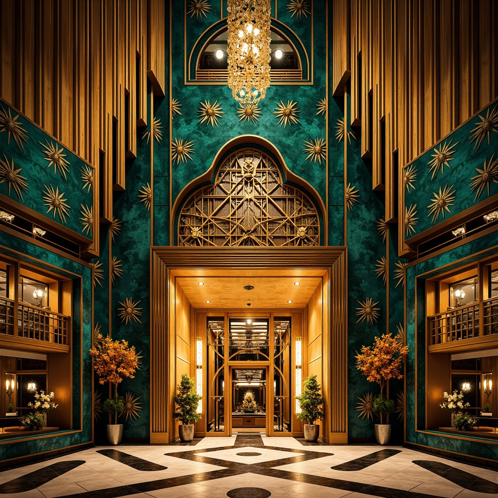 Prompt: Opulent Art Deco monument, lavish golden accents, rich bronze tones, vibrant turquoise mosaics, geometric patterns, ornate metalwork, luxurious marble surfaces, bold black outlines, stylized floral motifs, sunburst designs, zigzag patterns, metallic sheen, warm ambient lighting, shallow depth of field, 1/1 composition, symmetrical framing, high-contrast colors, intricate textures, realistic reflections.