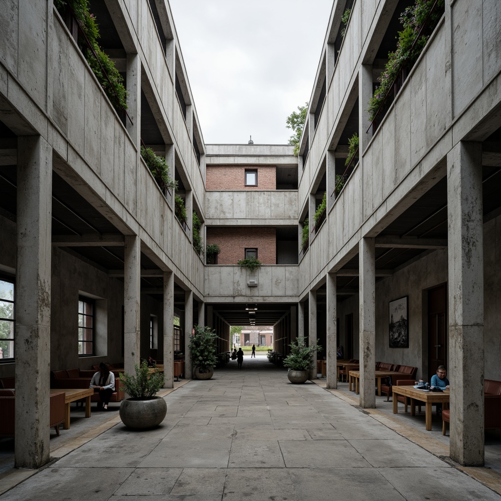 Prompt: Rugged brutalist school building, raw concrete walls, industrial metal beams, exposed ductwork, minimalist decor, functional architecture, earthy tone color palette, muted grays, weathered browns, industrial blues, worn wood accents, distressed textures, urban landscape, overcast skies, dramatic shadows, high contrast lighting, 1/1 composition, symmetrical framing, realistic renderings, ambient occlusion.