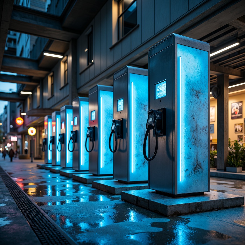 Prompt: Futuristic charging station, metallic surfaces, neon-lit accents, dynamic LED lights, sleek angular lines, modern minimalist design, urban cityscape, concrete pavement, steel beams, industrial chic aesthetic, distressed metal textures, glossy paint finishes, vibrant electric blue hues, warm ambient lighting, shallow depth of field, 3/4 composition, panoramic view, realistic reflections, ambient occlusion.