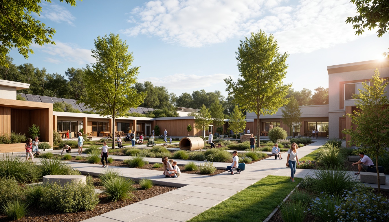 Prompt: Vibrant community center, modern architecture, green roofs, solar panels, natural stone walls, wooden accents, cozy seating areas, public art installations, lush landscaping, walking paths, playground equipment, outdoor fitness stations, picnic tables, benches, educational signs, community gardens, urban farming, vertical greening, soft warm lighting, shallow depth of field, 3/4 composition, panoramic view, realistic textures, ambient occlusion.