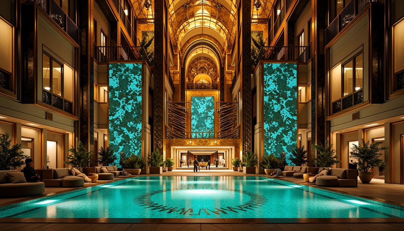 Prompt: Opulent Art Deco monument, lavish golden accents, rich bronze tones, vibrant turquoise mosaics, geometric patterns, ornate metalwork, luxurious marble surfaces, bold black outlines, stylized floral motifs, sunburst designs, zigzag patterns, metallic sheen, warm ambient lighting, shallow depth of field, 1/1 composition, symmetrical framing, high-contrast colors, intricate textures, realistic reflections.