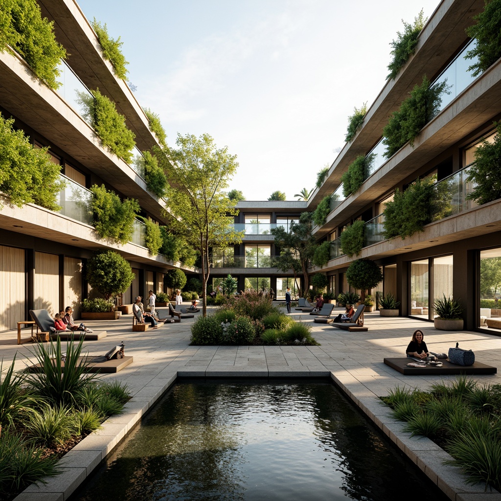 Prompt: Seamless outdoor-indoor transition, lush green roofs, vertical gardens, natural stone walls, wooden decks, outdoor seating areas, cantilevered balconies, floor-to-ceiling windows, sliding glass doors, warm ambient lighting, soft shadows, 1/1 composition, symmetrical architecture, modern minimalist design, eco-friendly materials, sustainable building practices, serene water features, small ponds, trickling fountains, surrounding trees, vibrant flowers, sunny day, gentle breeze, shallow depth of field.