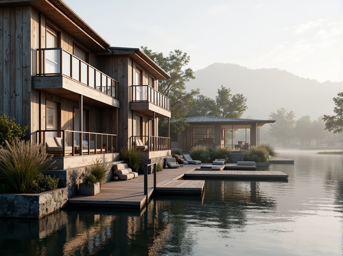 Prompt: Weathered wood accents, rustic metal cladding, nautical rope details, glass railings, wooden dockwalks, sailboat-inspired design, waterfront location, serene lake views, misty morning atmosphere, soft warm lighting, shallow depth of field, 3/4 composition, panoramic view, realistic textures, ambient occlusion, natural stone foundations, reclaimed wood siding, corrugated metal roofs, marine-grade materials, ocean-inspired color palette, driftwood grey tones, sea-salt white hues.