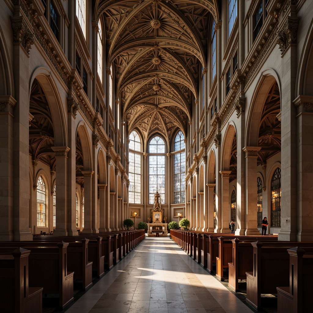 Prompt: Majestic cathedral, ornate columns, intricately carved capitals, vaulted ceilings, stained glass windows, grandiose arches, symmetrical fa\u00e7ade, classical orders, Corinthian pilasters, marble floors, gilded ornaments, solemn atmosphere, soft warm lighting, shallow depth of field, 1/1 composition, realistic textures, ambient occlusion.