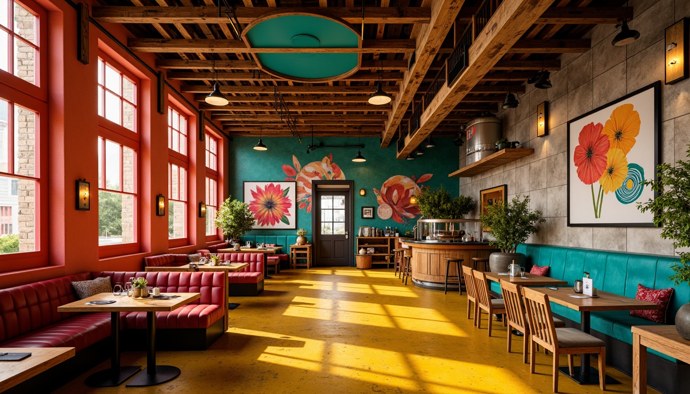 Prompt: Vibrant restaurant interior, expressionist art style, bold color palette, warm golden lighting, rich wood accents, eclectic furniture, abstract artwork, geometric patterns, bright coral walls, deep turquoise ceilings, sunny yellow floors, distressed metal decorations, reclaimed wood textures, industrial chic atmosphere, dramatic shadows, high contrast ratio, 1/2 composition, cinematic lighting, realistic reflections.