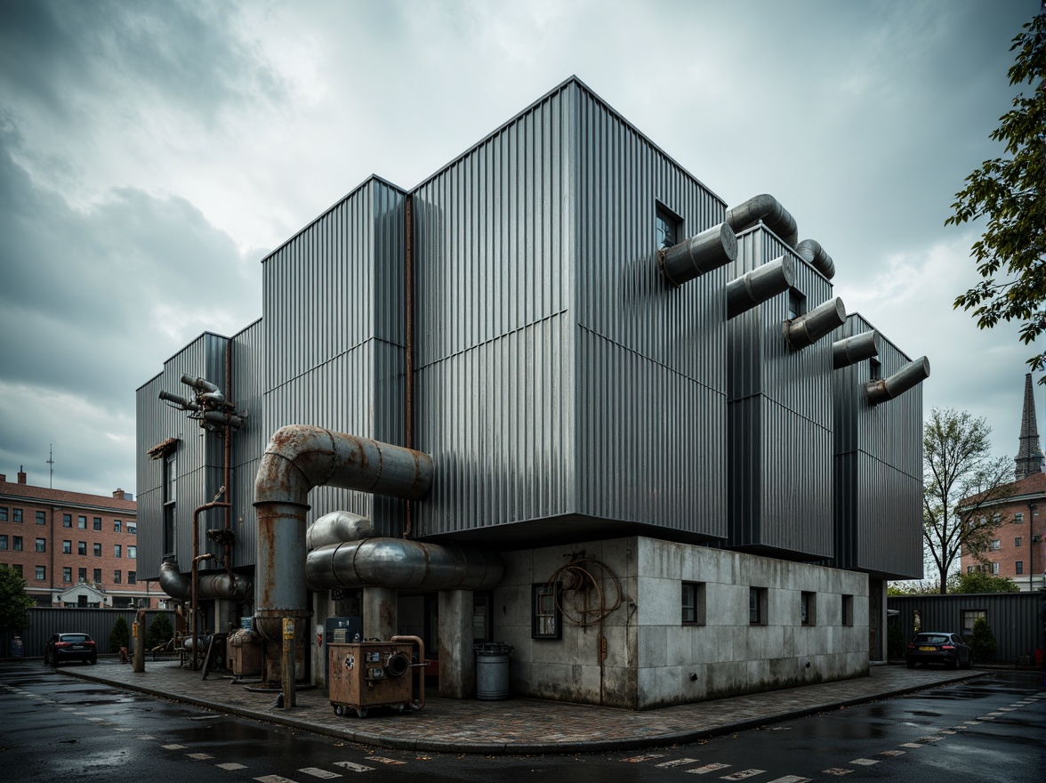 Prompt: Industrial energy plant, metallic fa\u00e7ade, corrugated steel panels, reinforced concrete structures, functional pipes, mechanical equipment, urban landscape, cloudy sky, dramatic lighting, high contrast, 1/2 composition, symmetrical framing, realistic reflections, ambient occlusion, rusted metal textures, worn concrete surfaces, industrial aesthetic, brutalist architecture, functional design, sustainable energy solutions.