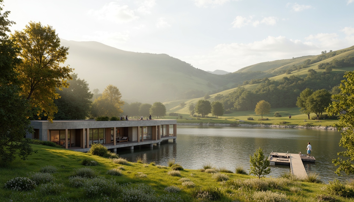 Prompt: Rolling hills, lush green meadows, serene lakeside, wooden docks, sailboats, misty morning, warm sunlight, soft focus, shallow depth of field, 3/4 composition, panoramic view, realistic textures, ambient occlusion, modern eco-friendly architecture, sustainable design, natural stone walls, reclaimed wood accents, floor-to-ceiling windows, sliding glass doors, minimalist interior, organic shapes, earthy color palette, seamless integration with nature.