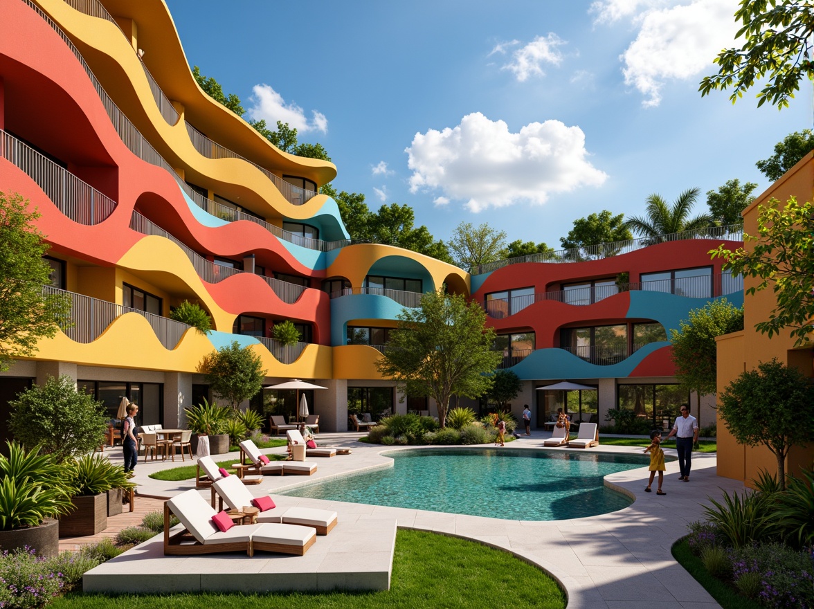 Prompt: Vibrant hotel facade, undulating curves, bold color blocking, abstract patterns, eclectic furniture, whimsical lighting fixtures, lush green roofs, meandering walkways, organic-shaped pools, tropical plants, exotic flowers, warm sunny day, dramatic cloud formations, cinematic composition, high contrast lighting, vivid textures, stylized reflections, artistic freedom, expressive brushstrokes.