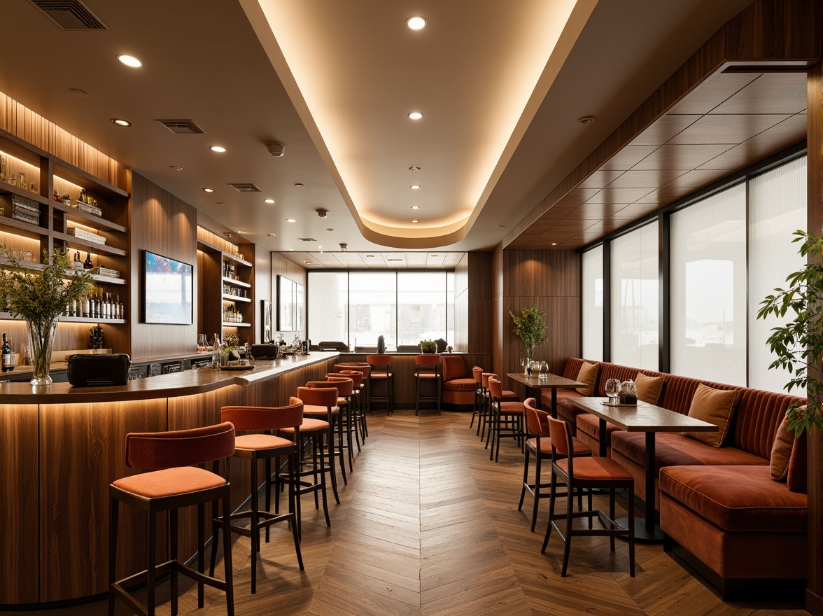 Prompt: Sleek bar interior, polished chrome accents, rich walnut wood, luxurious velvet upholstery, metallic silver lighting fixtures, frosted glass partitions, minimalist decor, modern streamline architecture, curved lines, geometric shapes, high-gloss finishes, ambient LED lighting, warm beige tones, sophisticated atmosphere, 1/1 composition, shallow depth of field, soft focus blur.