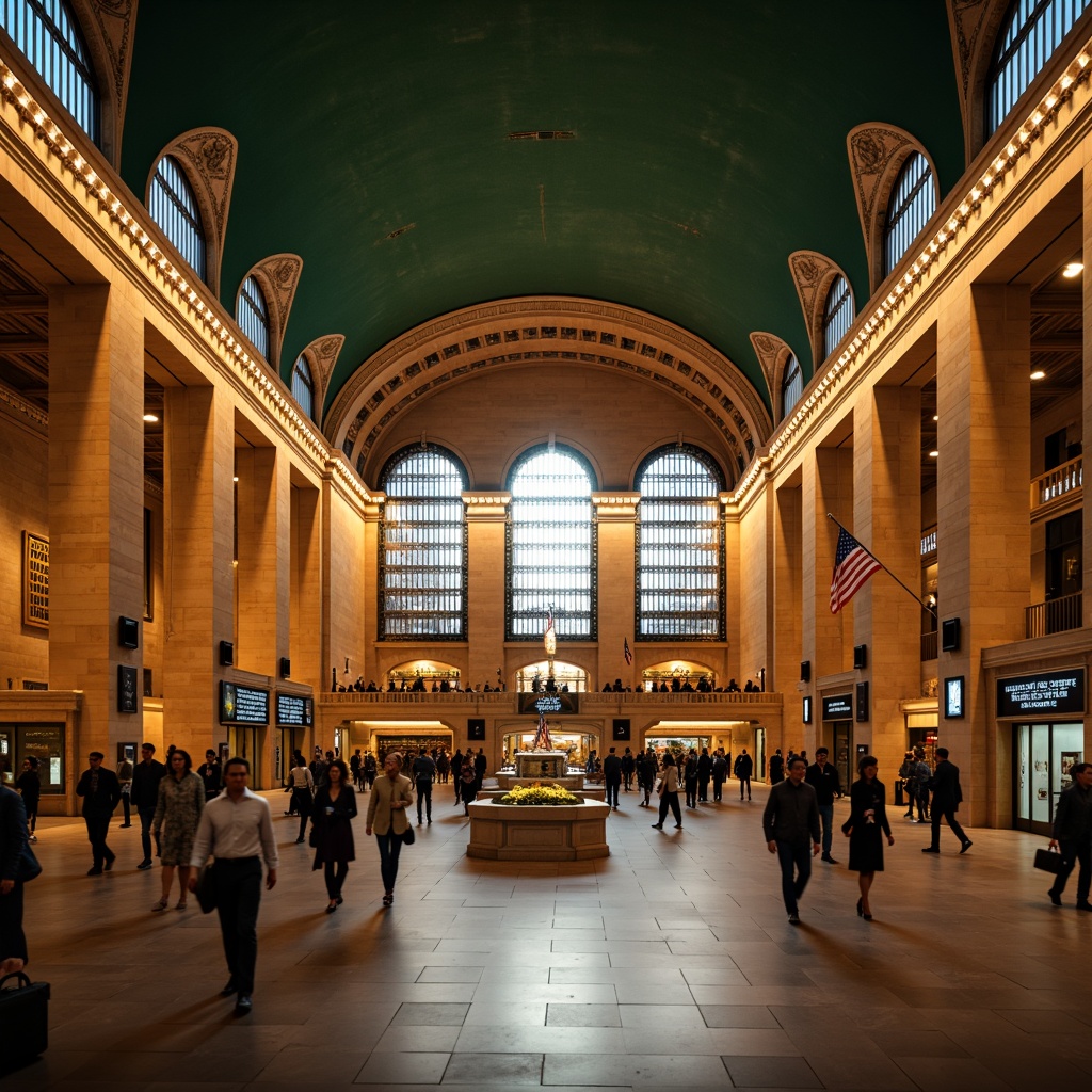 Prompt: Grand central station, ornate metalwork, intricate stonework, vaulted ceilings, majestic archways, elegant chandeliers, refined wooden accents, luxurious textiles, sophisticated signage, bustling atmosphere, morning rush hour, warm golden lighting, shallow depth of field, 1/2 composition, symmetrical framing, realistic reflections, ambient occlusion.