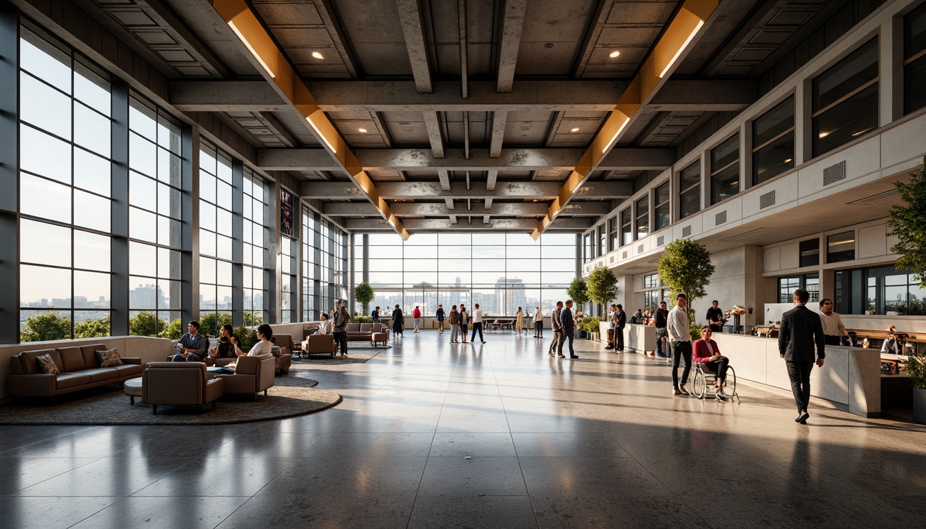 Prompt: Airport terminal, constructivist architecture, exposed steel beams, industrial chic, polished concrete floors, minimalist seating areas, sleek metal columns, geometric patterns, futuristic lighting fixtures, airy high ceilings, large glass windows, panoramic views, bustling atmosphere, dynamic crowd movement, warm color tones, ambient occlusion, shallow depth of field, 3/4 composition, realistic textures.