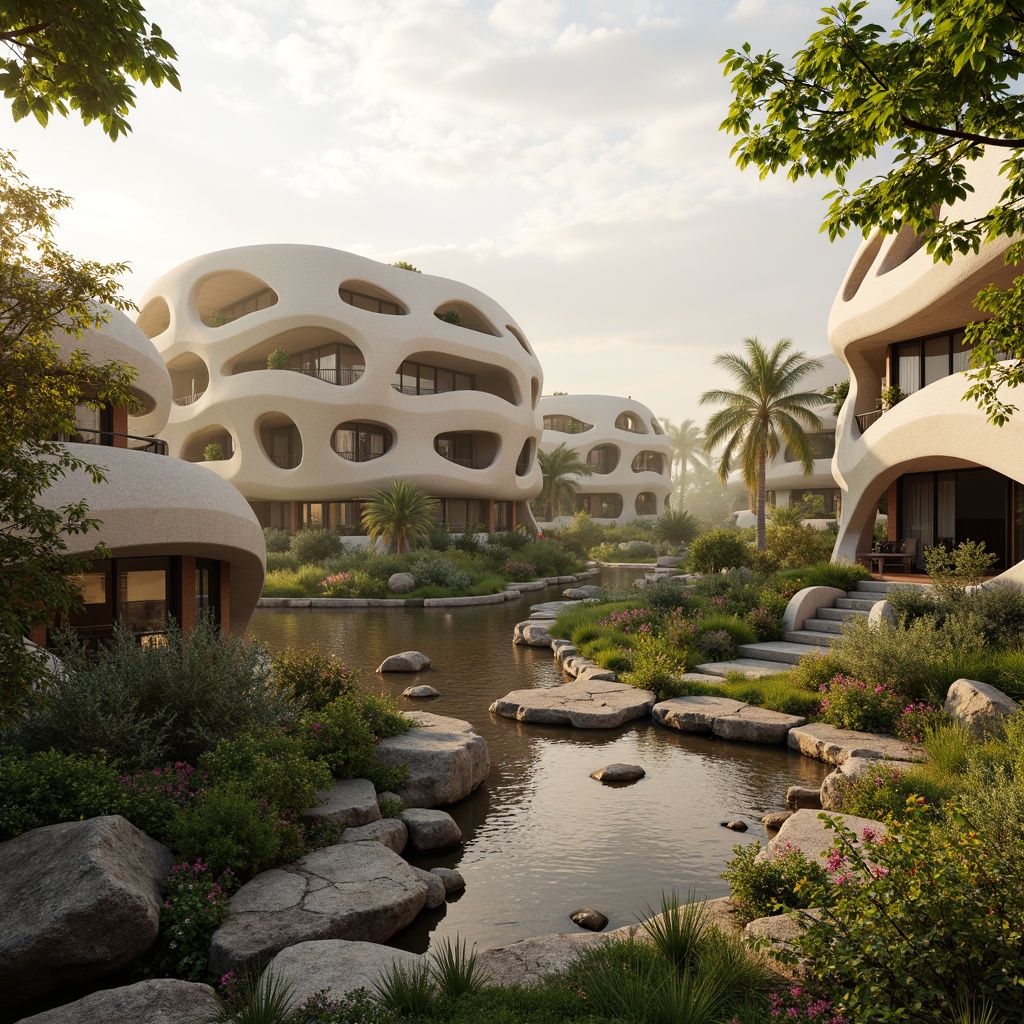 Prompt: Organic blob-shaped buildings, curved lines, soft rounded edges, natural stone foundations, lush green roofs, vibrant flower arrangements, serene water features, misty atmosphere, warm golden lighting, shallow depth of field, 1/1 composition, panoramic view, realistic textures, ambient occlusion, harmonious color palette, earthy tones, sustainable materials, eco-friendly design, futuristic architecture, innovative landscape integration.