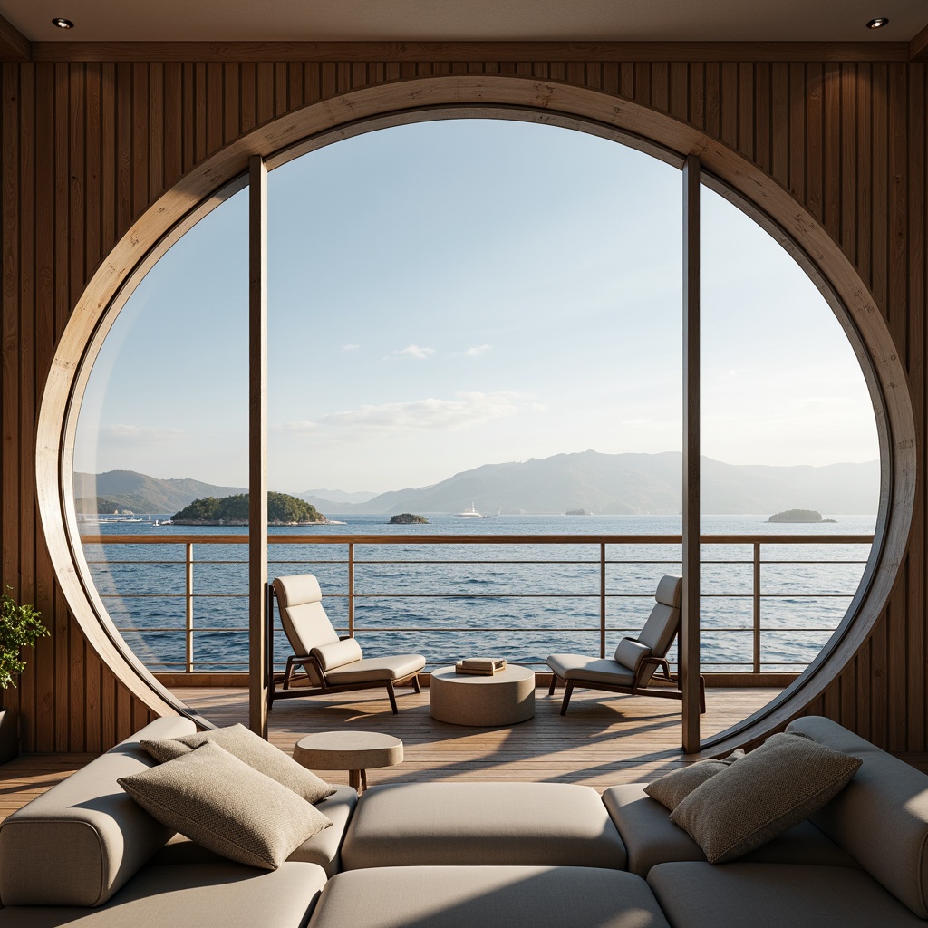 Prompt: Curved window frames, sleek metallic materials, minimalist ornamentation, horizontal emphasis, nautical inspirations, ocean views, sunny day, soft warm lighting, shallow depth of field, 3/4 composition, panoramic view, realistic reflections, ambient occlusion, Art Deco influences, geometric patterns, luxurious textiles, rich wood accents, subtle color palette, harmonious proportions.