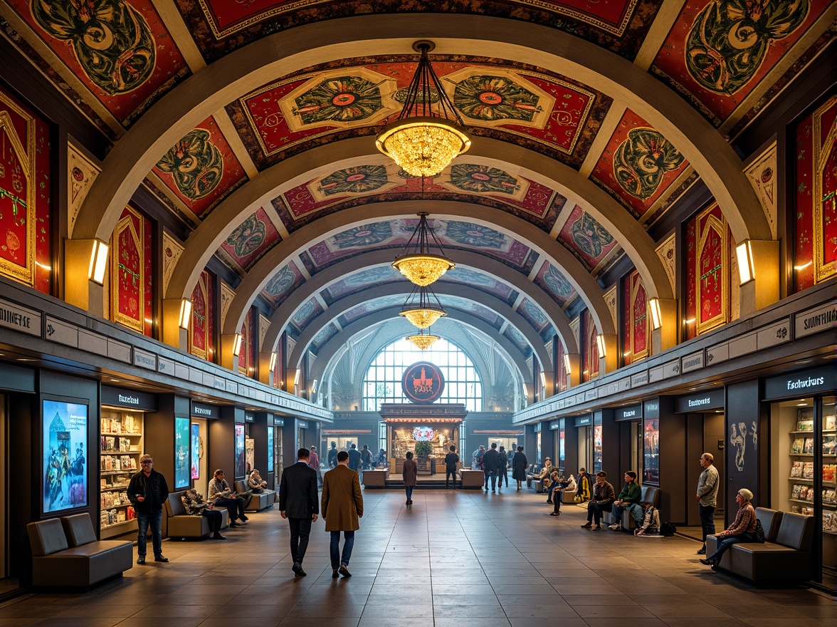 Prompt: Vibrant metro station, eclectic fa\u00e7ade design, ornate metalwork, intricate mosaics, grand archways, ornamental columns, lavish chandeliers, rich textiles, patterned ceramics, bold color schemes, dynamic lighting effects, futuristic signage, sleek escalators, modern kiosks, bustling pedestrian traffic, urban cityscape, morning rush hour, soft warm glow, shallow depth of field, 1/2 composition, realistic reflections, ambient occlusion.