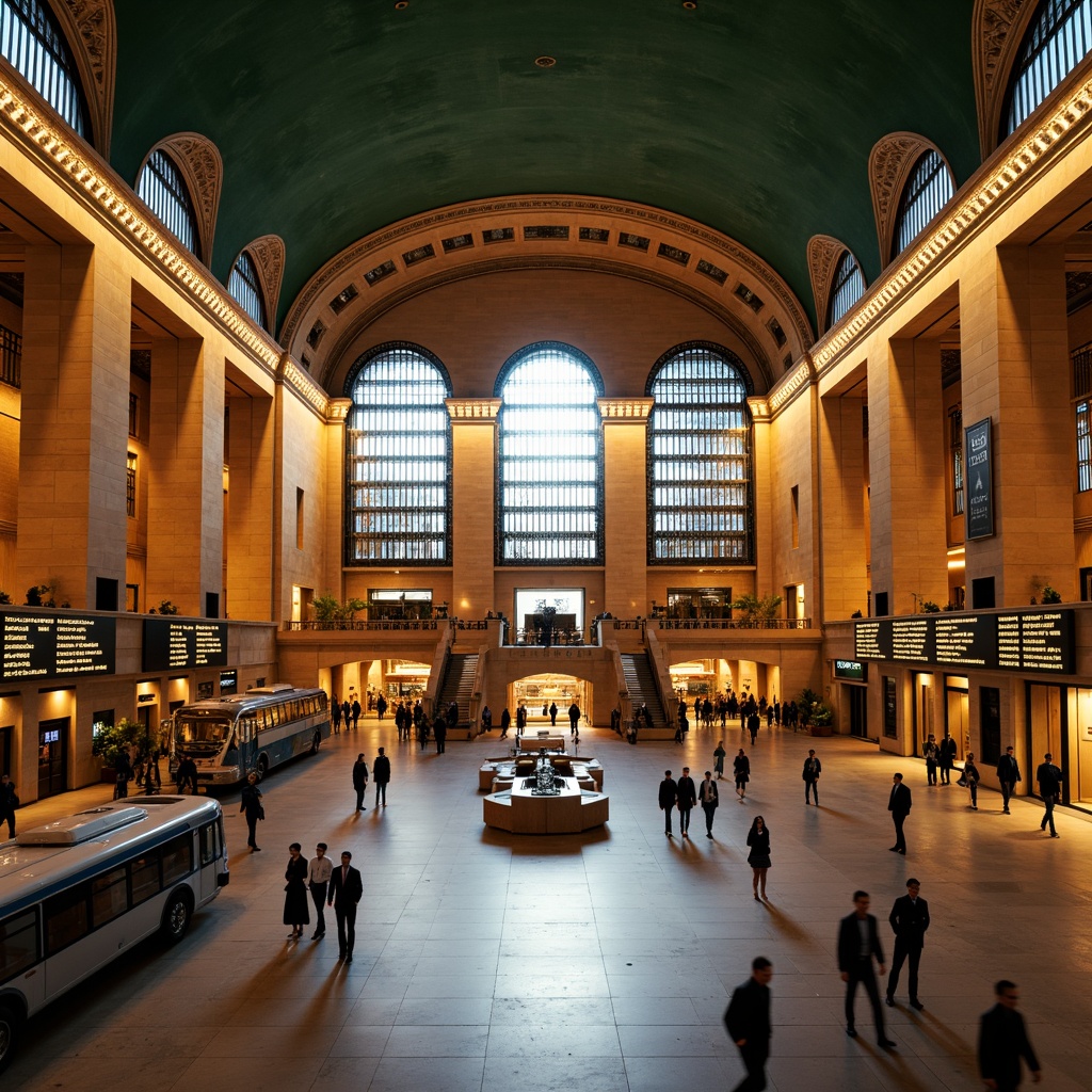 Prompt: Grand central station, ornate metalwork, intricate stonework, vaulted ceilings, majestic chandeliers, polished marble floors, elegant archways, sophisticated signage, luxurious waiting lounges, modern transportation systems, sleek trains, futuristic buses, bustling city atmosphere, warm golden lighting, shallow depth of field, 1/1 composition, realistic textures, ambient occlusion.