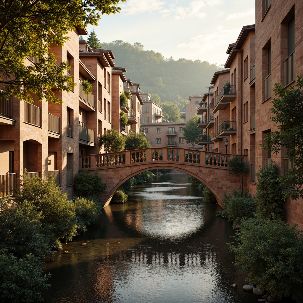 Prompt: Rustic stone bridges, ornate balustrades, weathered wooden railings, earthy terracotta hues, muted sienna tones, warm golden lighting, soft misty atmosphere, serene river waters, lush greenery, vibrant floral accents, intricate carvings, classical arches, grandiose proportions, symmetrical composition, 1/2 perspective view, realistic stone textures, ambient occlusion.