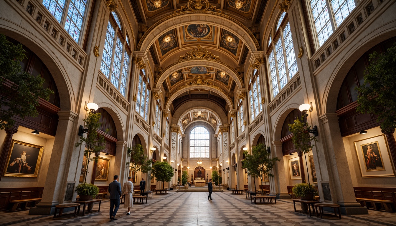 Prompt: Grand cathedral, symmetrical facade, ornate stone carvings, stained glass windows, vaulted ceilings, intricate mosaics, golden domes, classical columns, arches, pediments, grand entrance, marble floors, solemn atmosphere, soft warm lighting, shallow depth of field, 1/1 composition, central perspective, realistic textures, ambient occlusion.