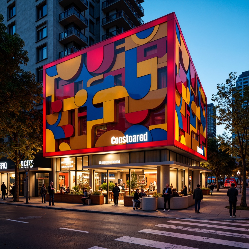 Prompt: Vibrant restaurant facade, expressionist architecture, bold geometric shapes, bright primary colors, abstract patterns, irregular forms, dynamic lighting effects, neon signs, metallic accents, industrial materials, exposed ductwork, urban cityscape, bustling streets, evening atmosphere, warm golden lighting, shallow depth of field, 1/1 composition, dramatic shadows, high-contrast textures.