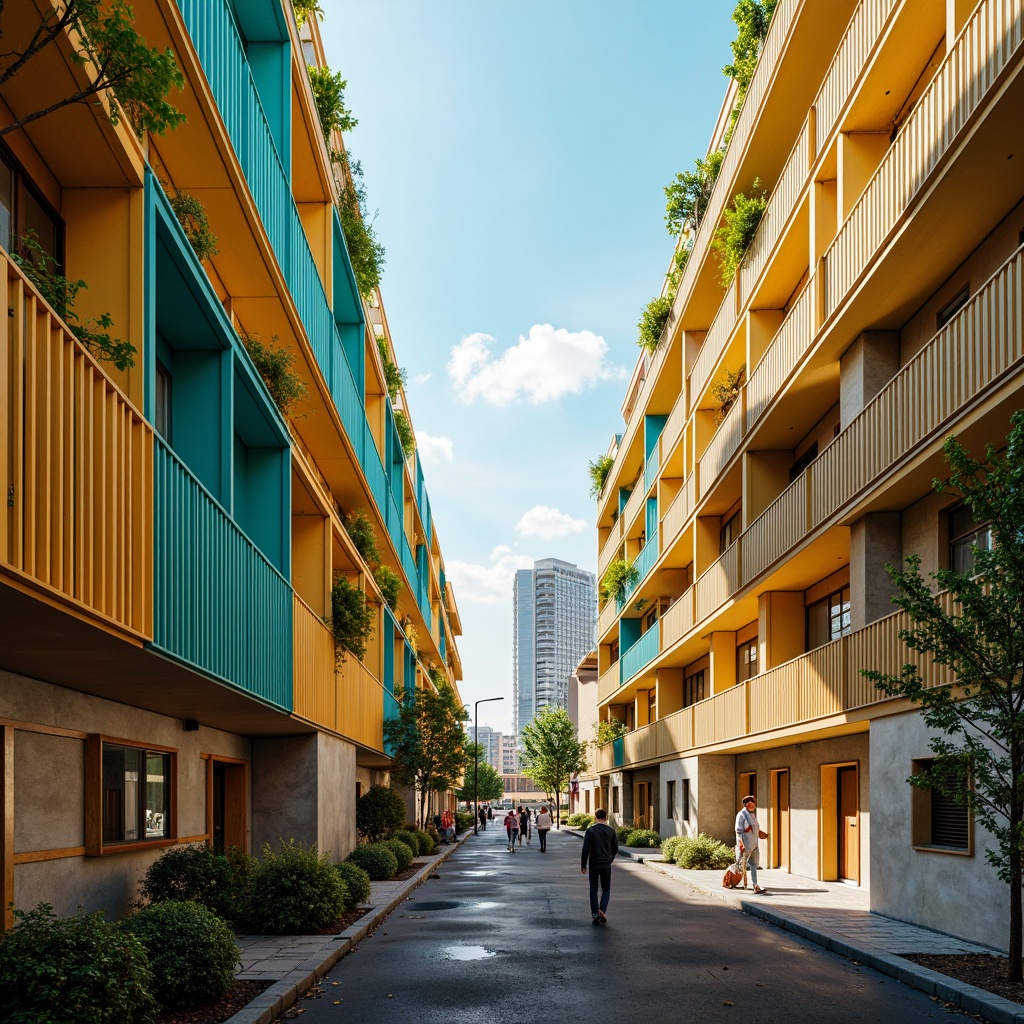 Prompt: Vibrant social housing complex, warm earthy tones, rich turquoise accents, bold yellow highlights, soft creamy whites, industrial metal frames, exposed concrete walls, modern minimalist architecture, urban cityscape backdrop, bustling community atmosphere, natural light pouring in, shallow depth of field, 1/1 composition, cinematic color grading, realistic textures, ambient occlusion.