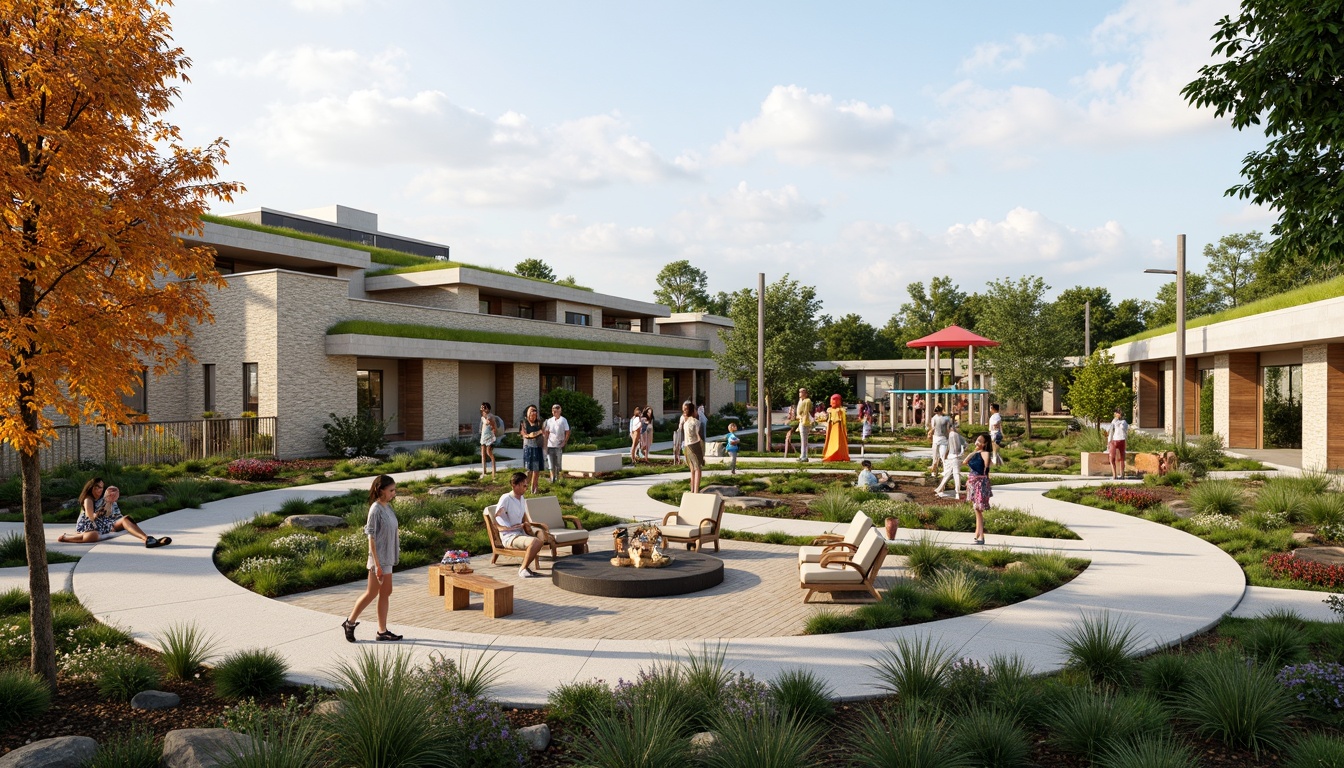 Prompt: Vibrant community center, modern architecture, green roofs, solar panels, natural stone walls, wooden accents, cozy seating areas, public art installations, lush landscaping, walking paths, playground equipment, outdoor fitness stations, picnic tables, benches, educational signs, community gardens, urban farming, vertical greening, soft warm lighting, shallow depth of field, 3/4 composition, panoramic view, realistic textures, ambient occlusion.