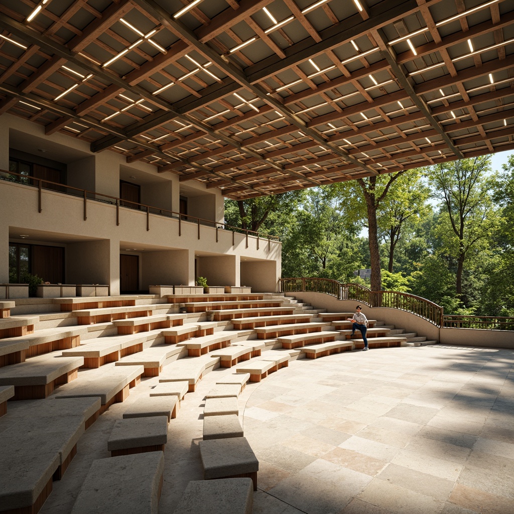 Prompt: Amphitheater seating area, minimalist design, sleek metal frames, curved rows, stepped platforms, wooden benches, comfortable cushions, subtle lighting, warm beige tones, natural stone flooring, modern architecture, open-air atmosphere, lush greenery surroundings, sunny day, soft warm lighting, shallow depth of field, 3/4 composition, panoramic view, realistic textures, ambient occlusion.