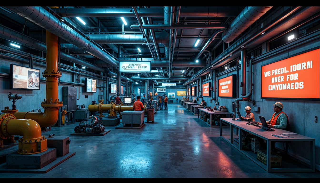 Prompt: Industrial energy plant, metallic structures, steel beams, pipes and valves, concrete foundations, functional machinery, neon-lit control rooms, warning signs, safety helmets, reflective vests, high-visibility colors, bold typography, dynamic lighting, dramatic shadows, 1/2 composition, cinematic atmosphere, realistic textures, ambient occlusion.