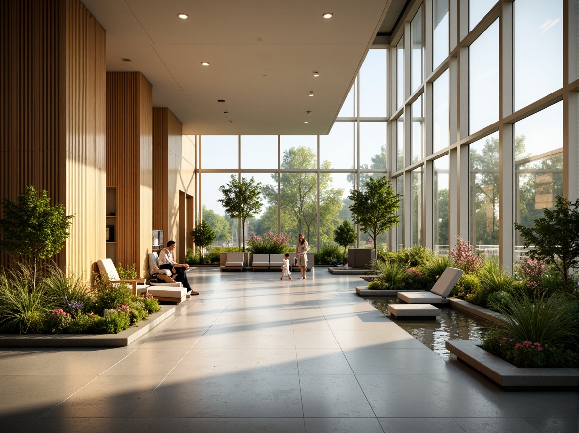 Prompt: Calming hospital interior, soft warm lighting, large windows, transparent glass walls, natural stone floors, wooden accents, soothing color palette, gentle curves, minimalist decor, peaceful ambiance, abundant greenery, lush plants, blooming flowers, serene water features, subtle shading, 1/1 composition, shallow depth of field, realistic textures, ambient occlusion.