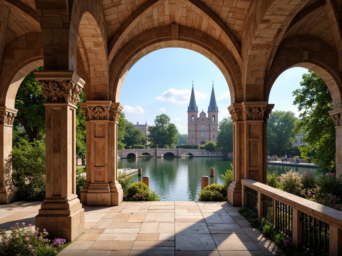 Prompt: Elegant archways, ornate stone carvings, rustic brick facades, grandiose bridge structures, serene water reflections, lush greenery, vibrant flowers, majestic river views, sunny day, soft warm lighting, shallow depth of field, 3/4 composition, panoramic view, realistic textures, ambient occlusion, Renaissance-inspired ornateness, classical columns, symmetrical architecture, decorative balustrades, intricate stonework, weathered copper details, ornate metal railings.