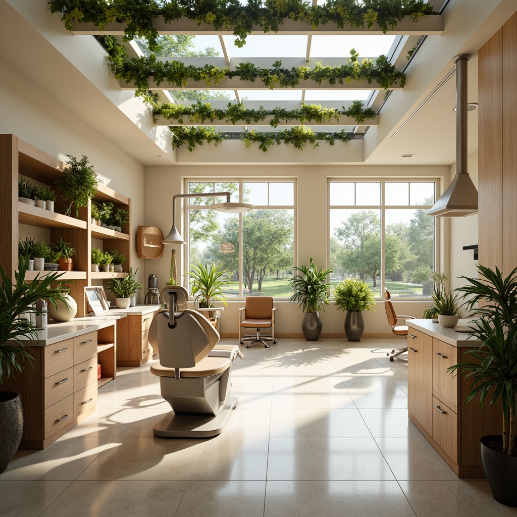 Prompt: Spacious dental clinic, natural ventilation systems, large windows, clerestory windows, skylights, green roofs, living walls, air-purifying plants, calming ambiance, soft diffused lighting, warm beige tones, minimalist decor, ergonomic furniture, stainless steel equipment, modern dental chairs, gentle color scheme, soothing atmosphere, shallow depth of field, 1/1 composition, realistic textures, ambient occlusion.