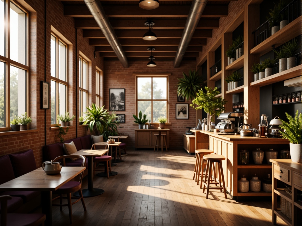 Prompt: Cozy coffee shop interior, warm wooden accents, soft ambient lighting, pendant lamps, industrial metal fixtures, exposed brick walls, comfortable seating areas, rustic wooden tables, vintage decorative items, aromatic coffee scents, morning sunlight, gentle warm glow, shallow depth of field, 1/1 composition, realistic textures, subtle color grading.