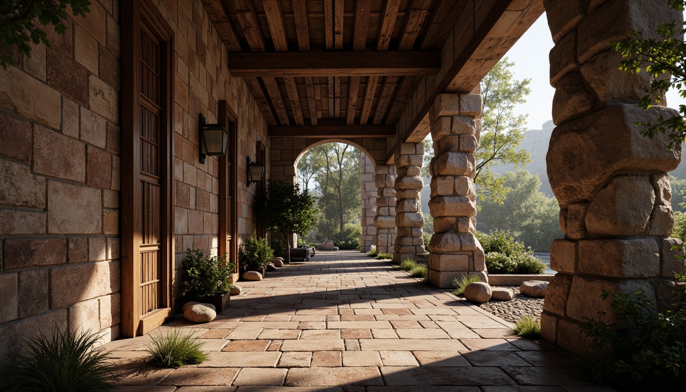 Prompt: Rustic stone walls, weathered wooden planks, rough-hewn granite columns, ornate metalwork, intricate tile patterns, tactile brick facades, natural rock formations, earthy tones, organic shapes, dramatic shadows, warm ambient lighting, high-contrast textures, realistic materiality, 1/1 composition, shallow depth of field, atmospheric perspective.