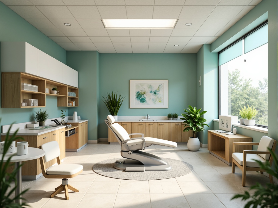 Prompt: Calming dental clinic, soothing blue-green color scheme, creamy whites, warm beige tones, natural wood accents, gentle curves, minimalist decor, modern medical equipment, sleek stainless steel surfaces, comfortable waiting area, lush green plants, soft overhead lighting, shallow depth of field, 1/1 composition, realistic textures, ambient occlusion.